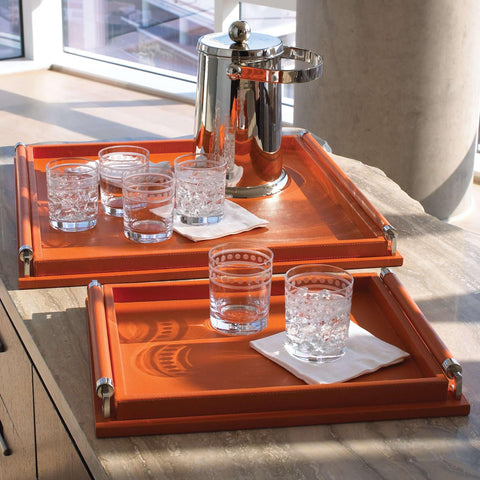 Wrapped Handle Tray-Coral Leather-Small(صينية جلدية بلون المرجان بمقبض مغطى - صغيرة )