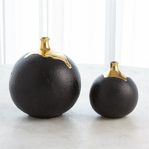 Dipped Golden Crackle/Black Sphere Vase-Lg