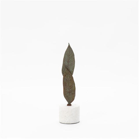 Falling Leaves Sculpture-Antiqued Brass Finish on White Marble-Sm