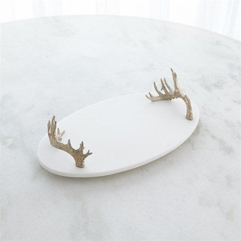 White Marble Platter with Reindeer Antler Handles-Silver