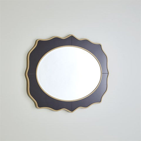 Oval Beveled Mirror with Black Glass Surround Framed in Gold